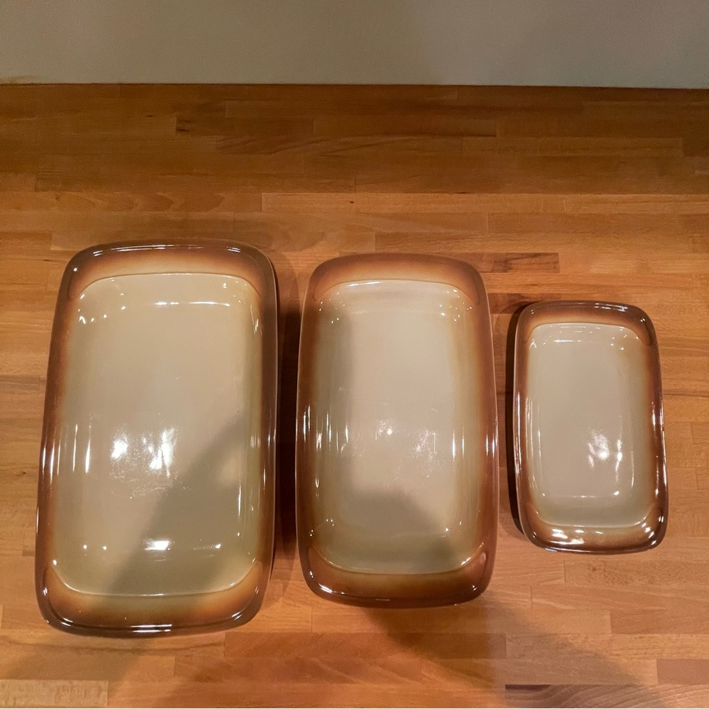 Set of Three Brown and Cream Ceramic Serving Dishes